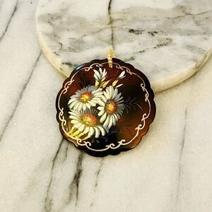 Vintage John & Candice Lacquered Wood Pendant Handpainted Daisy Flowers